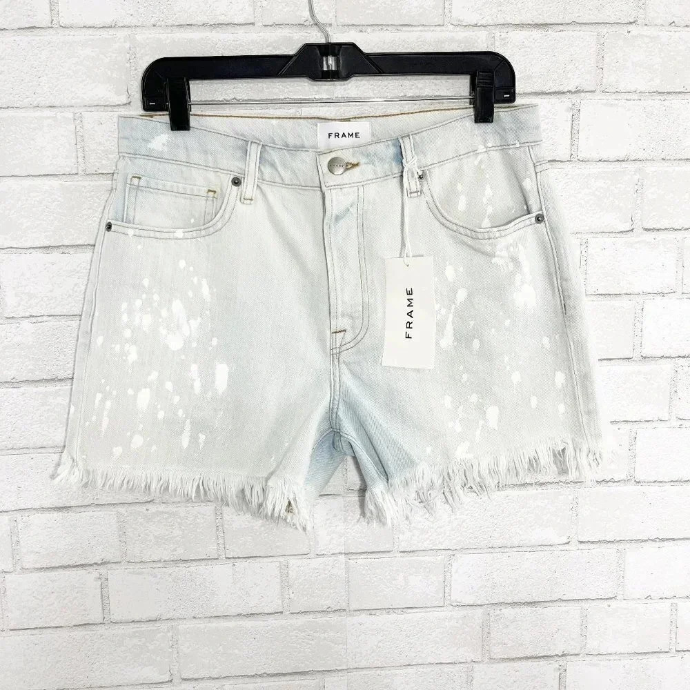 Frame Light Wash Le Slouch High Waist Raw Hem Jean Shorts Women's Waist Size 28